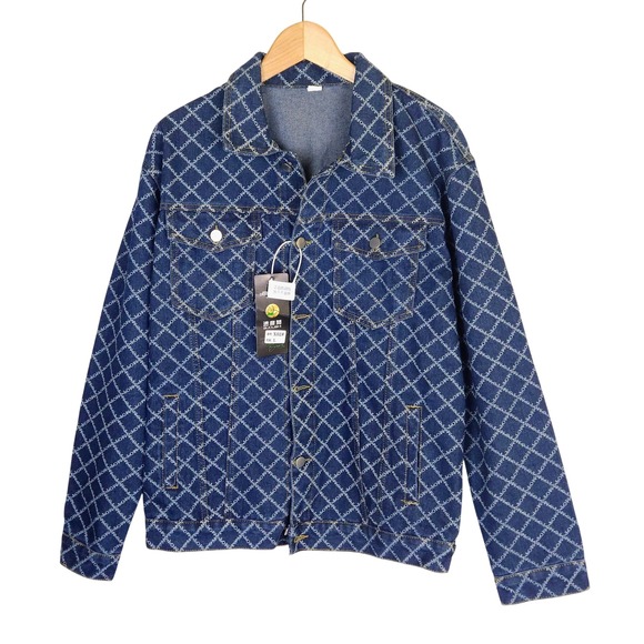 SUDUSHI Other - SUDUSHI Blue Denim Jacket Large NWT All Over Geometric Monogram Print Trucker
